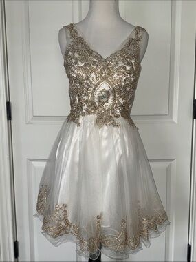 Dancing Queen White & Gold Tulle Party/Homecoming Dress with Rhinestone Appliqué
